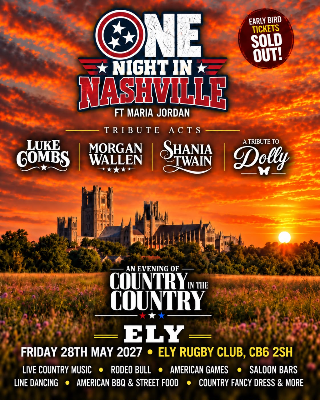 Official Country in the Country Ely 2027 poster featuring One Night In Nashville ft Maria Jordan and tribute acts for Luke Combs, Morgan Wallen, Shania Twain and Dolly Parton, at Ely Rugby Club on Friday 28 May 2027.